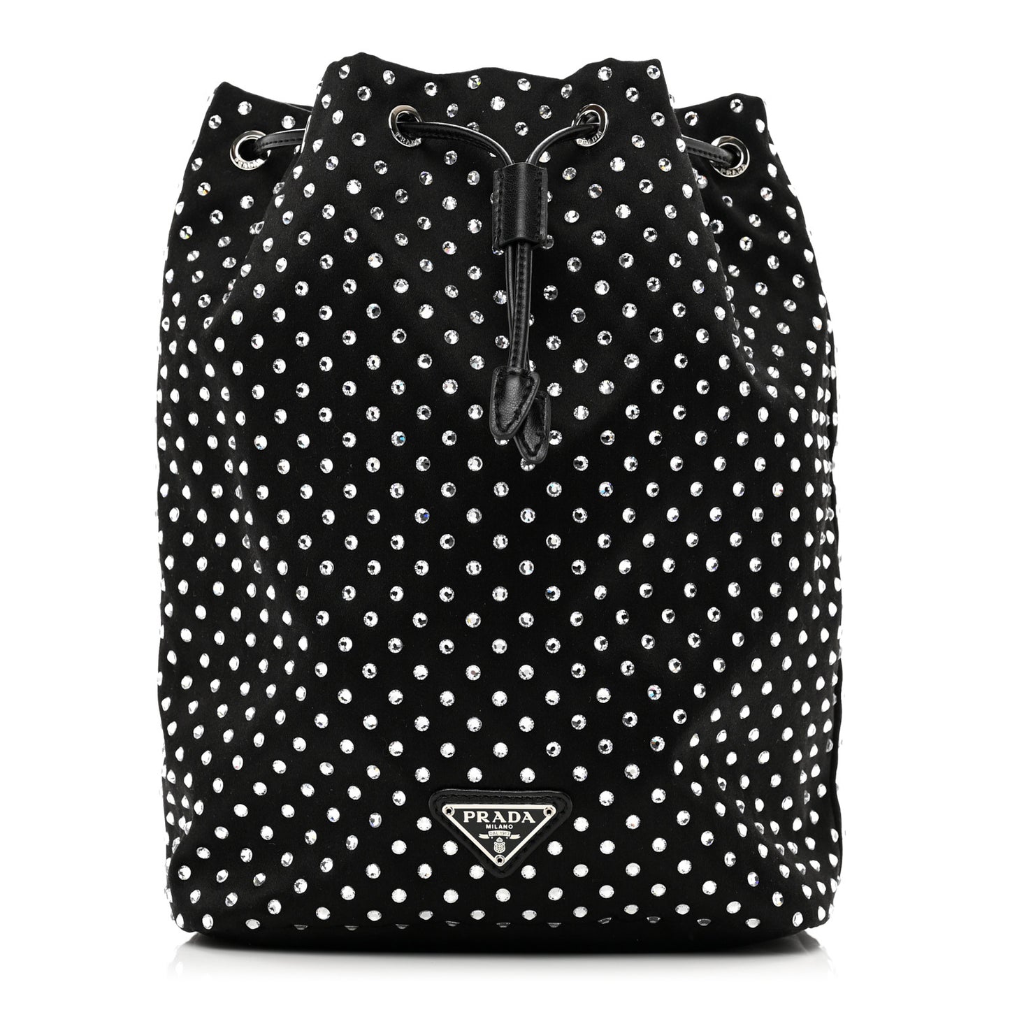 Satin Crystal Metal Triangle Logo Drawstring Pouch Cristal