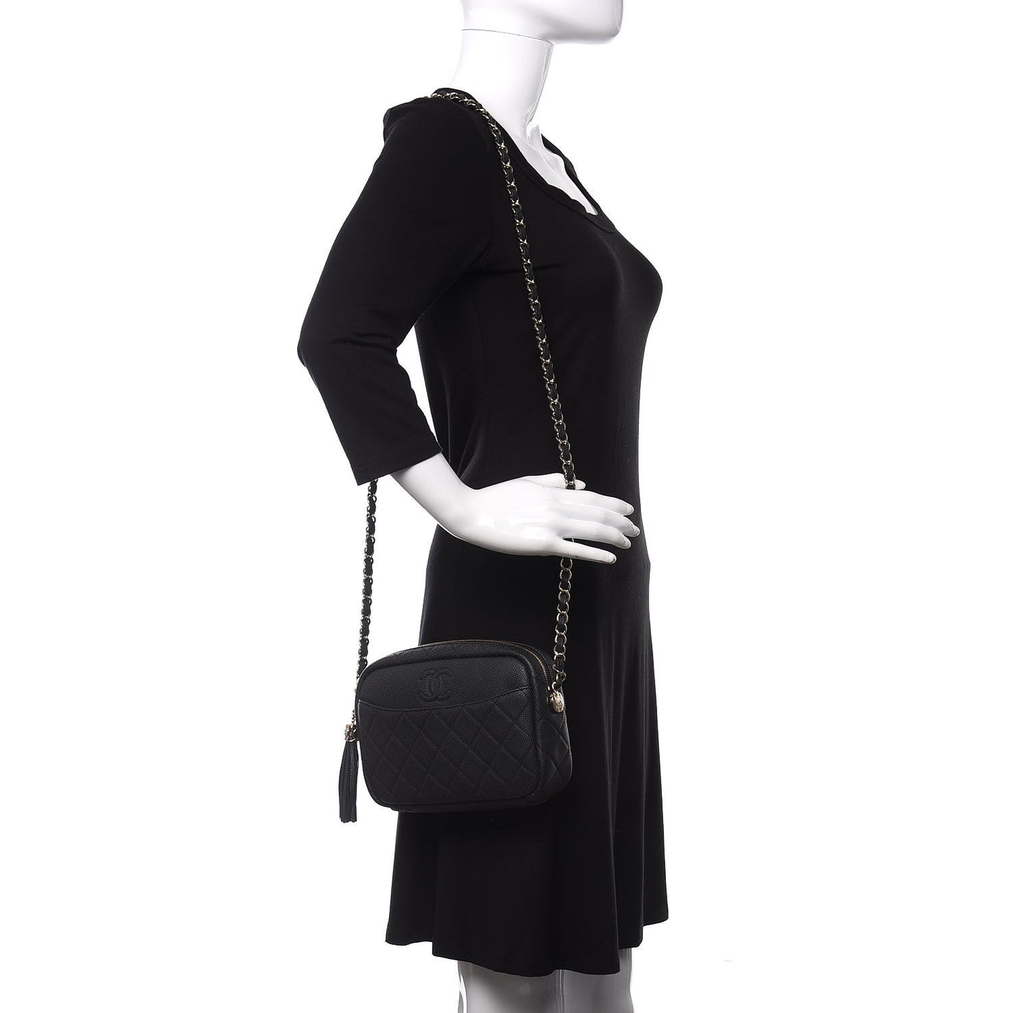 Iridescent Caviar Quilted Small Coco Tassel Camera Case Black