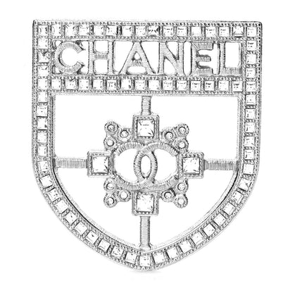 Chanel Swarovski Baguette Crystal CC Shield Brooch Silver 1 of 4