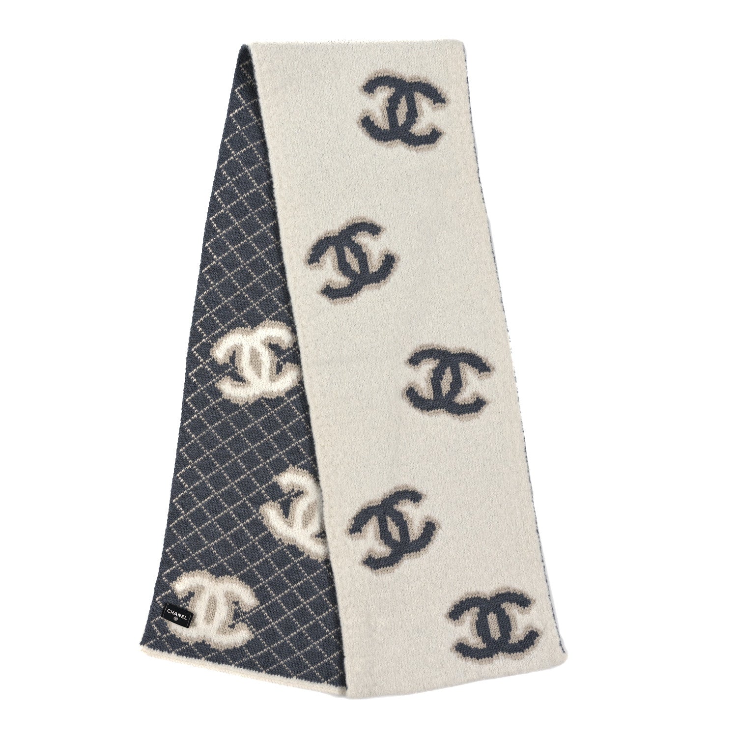 Chanel Wool Cashmere CC Scarf White Grey 2 of 3