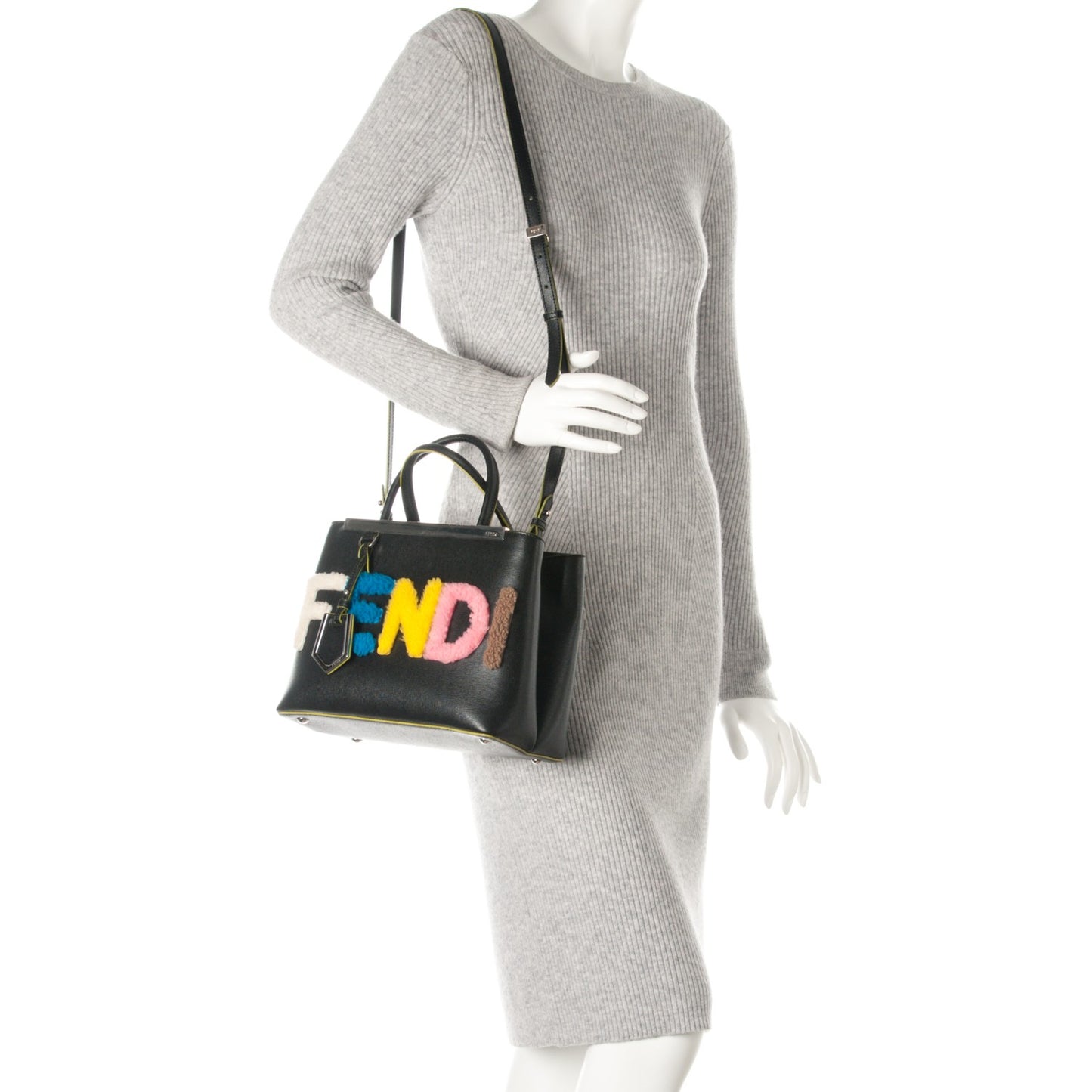 Vitello Elite Shearling Block Letter Petite 2Jours Tote Black