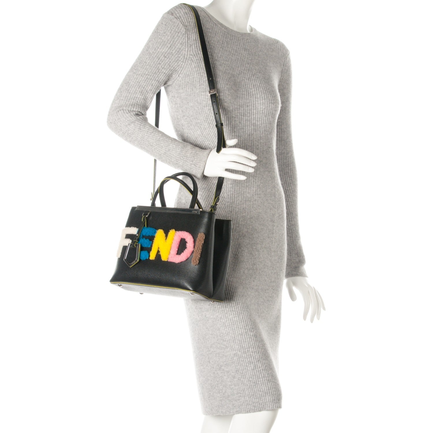 Fendi Vitello Elite Shearling Block Letter Petite 2Jours Tote Black 2 of 7