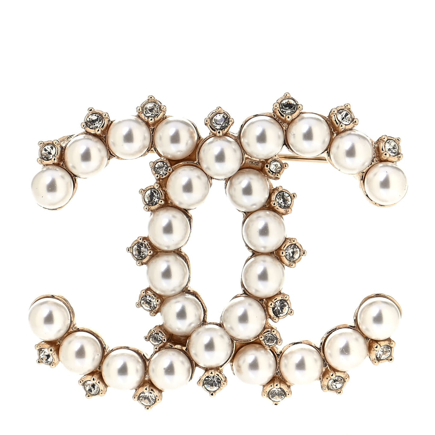 Crystal Pearl CC Brooch Gold