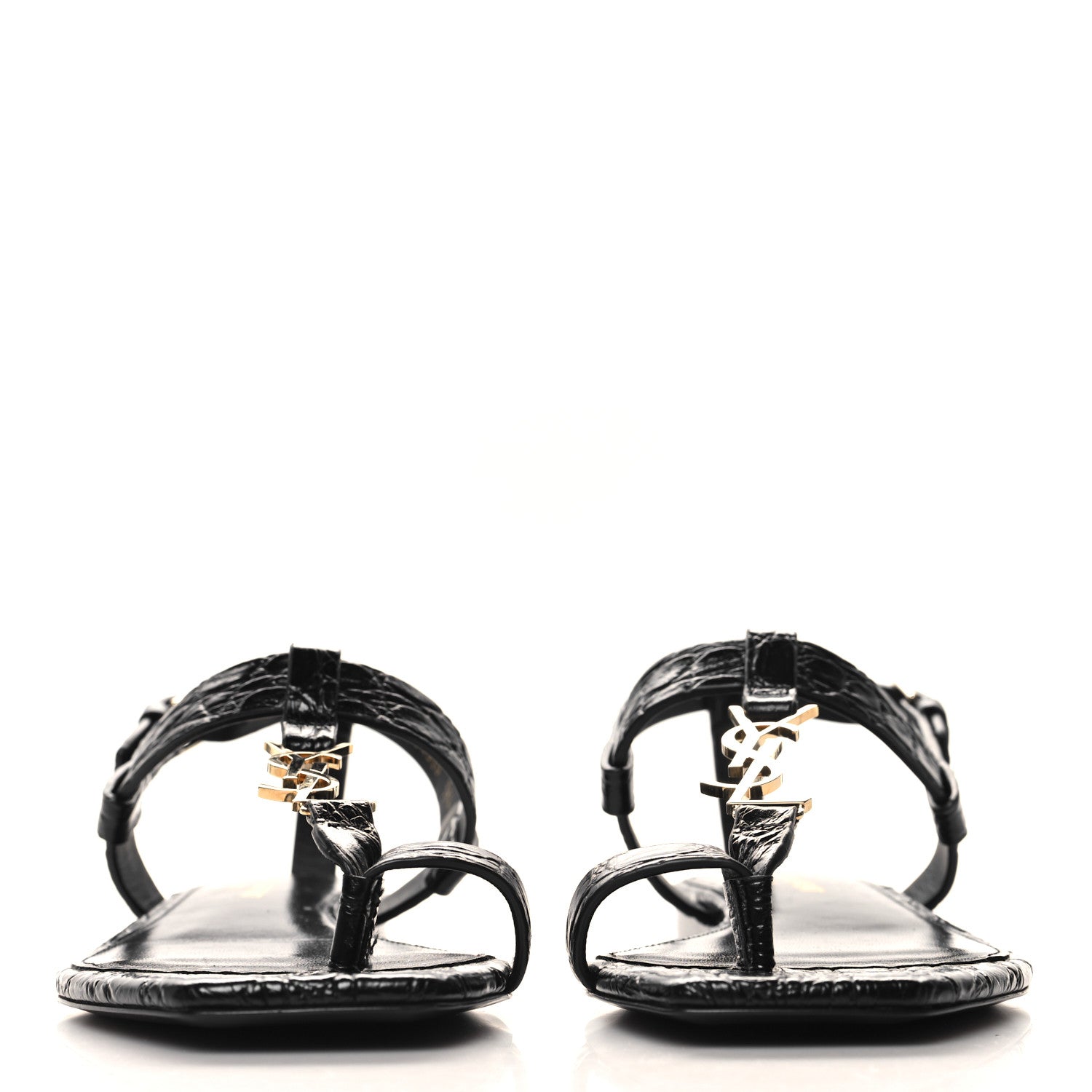 Saint Laurent Calfskin Crocodile Embossed Cassandra Monogram Sandals 36.5 Black 3 of 9