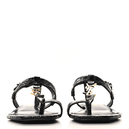 Saint Laurent Calfskin Crocodile Embossed Cassandra Monogram Sandals 36.5 Black 3 of 9