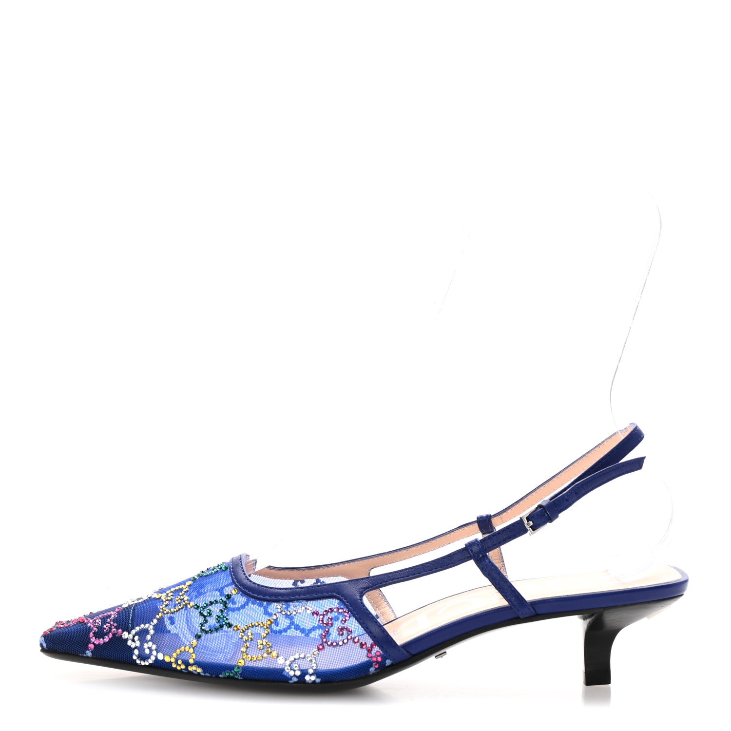 Gucci Tela Retino Nappa Charlotte Crystal GG Monogram Square G 35mm Slingback Pumps 39 Splash Net Blue Witch 1 of 9