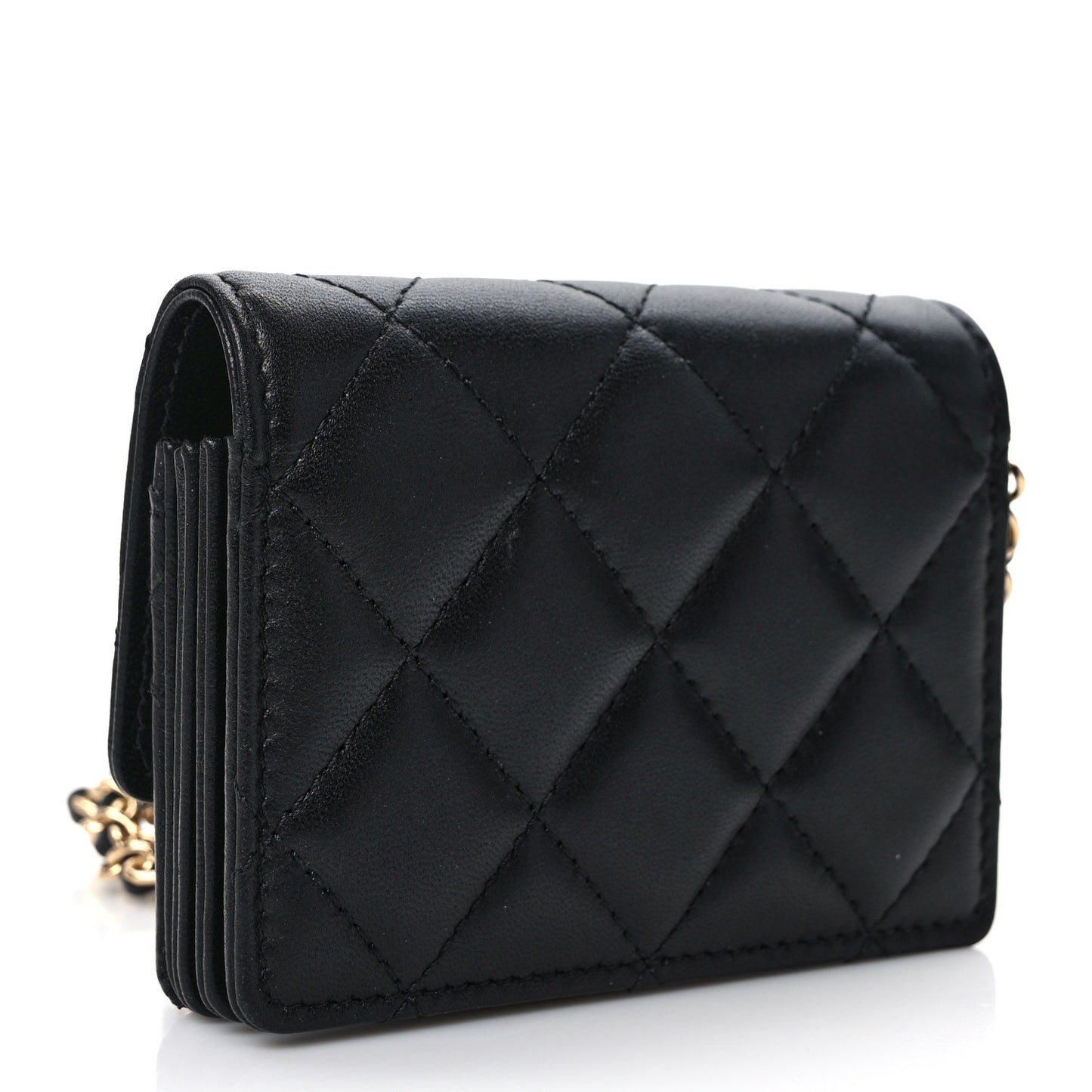 Lambskin Quilted Flap Card Holder With Cuff L Black