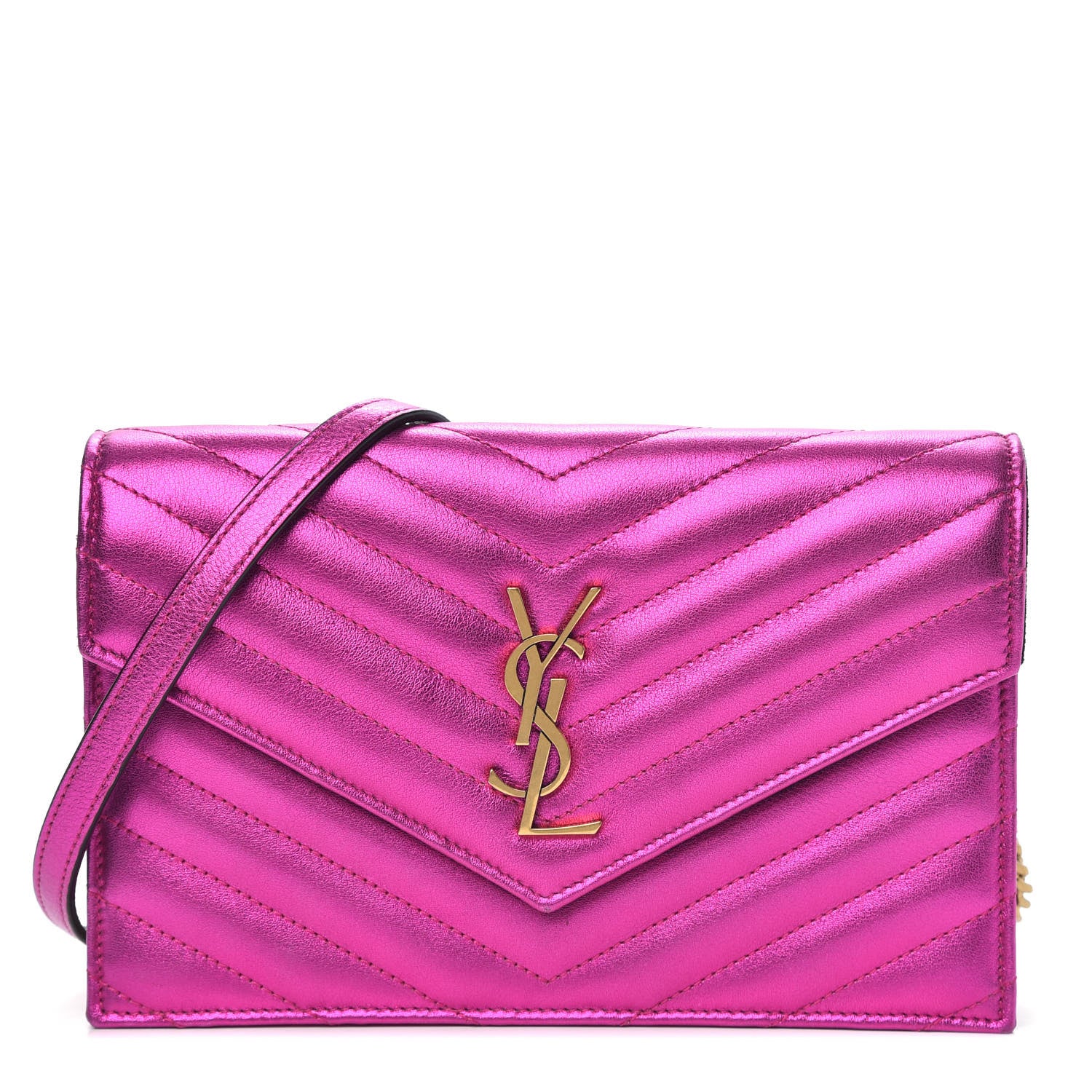 Saint Laurent Metallic Calfskin Matelasse Chevron Monogram Envelope Chain Wallet Fuchsia 1 of 10