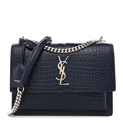 Saint Laurent Calfskin Crocodile Embossed Medium Monogram Sunset Navy 1 of 12