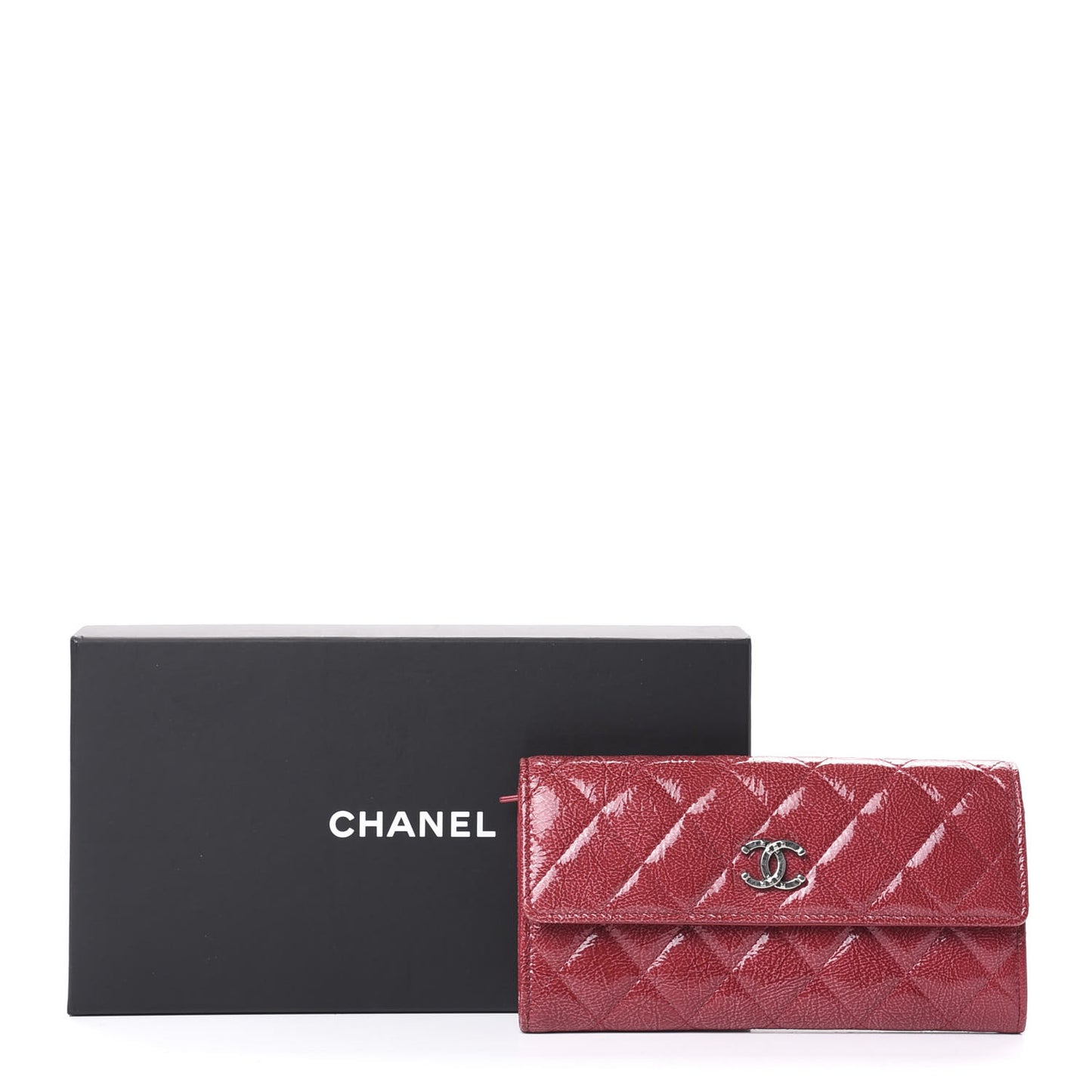 Distressed Patent Calfskin Quilted Large Flap Wallet Dark Pink