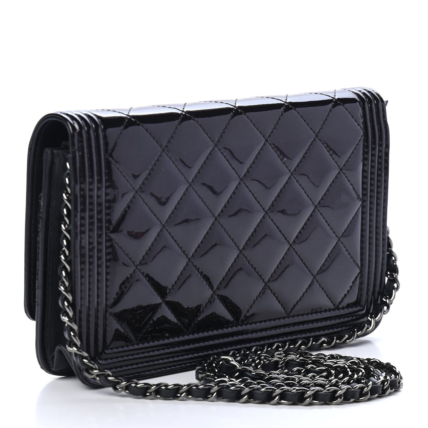 Patent Calfskin Quilted Boy Wallet On Chain WOC Black