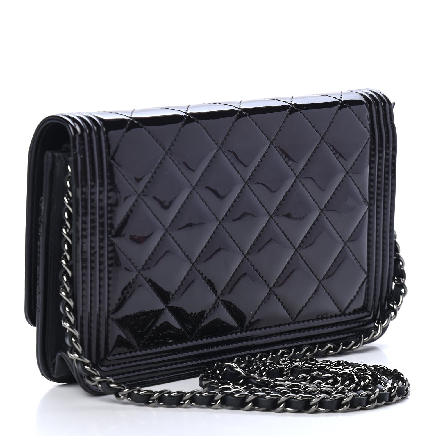 Chanel Patent Calfskin Quilted Boy Wallet On Chain WOC Black 2 of 4