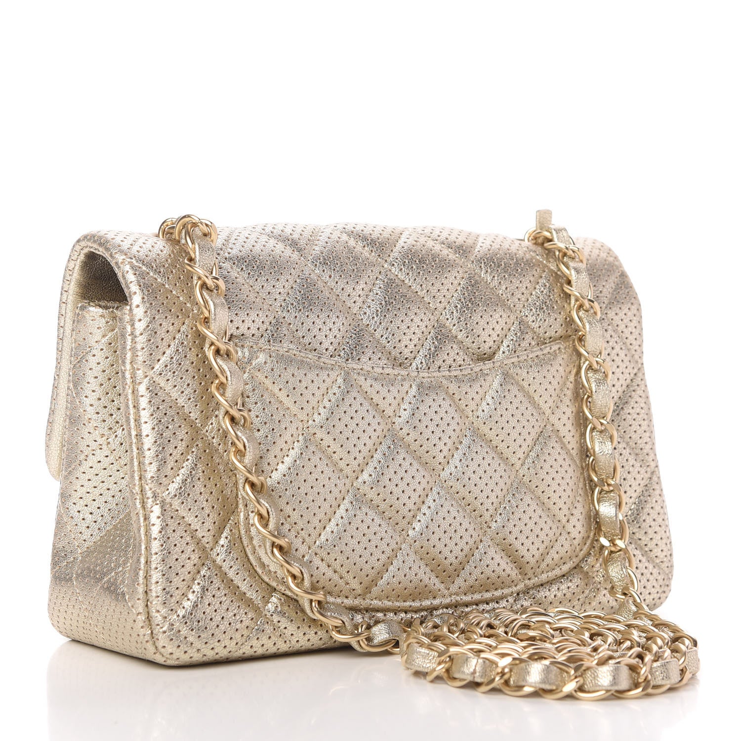 Chanel Metallic Lambskin Perforated Mini Rectangular Flap Light Gold 3 of 10