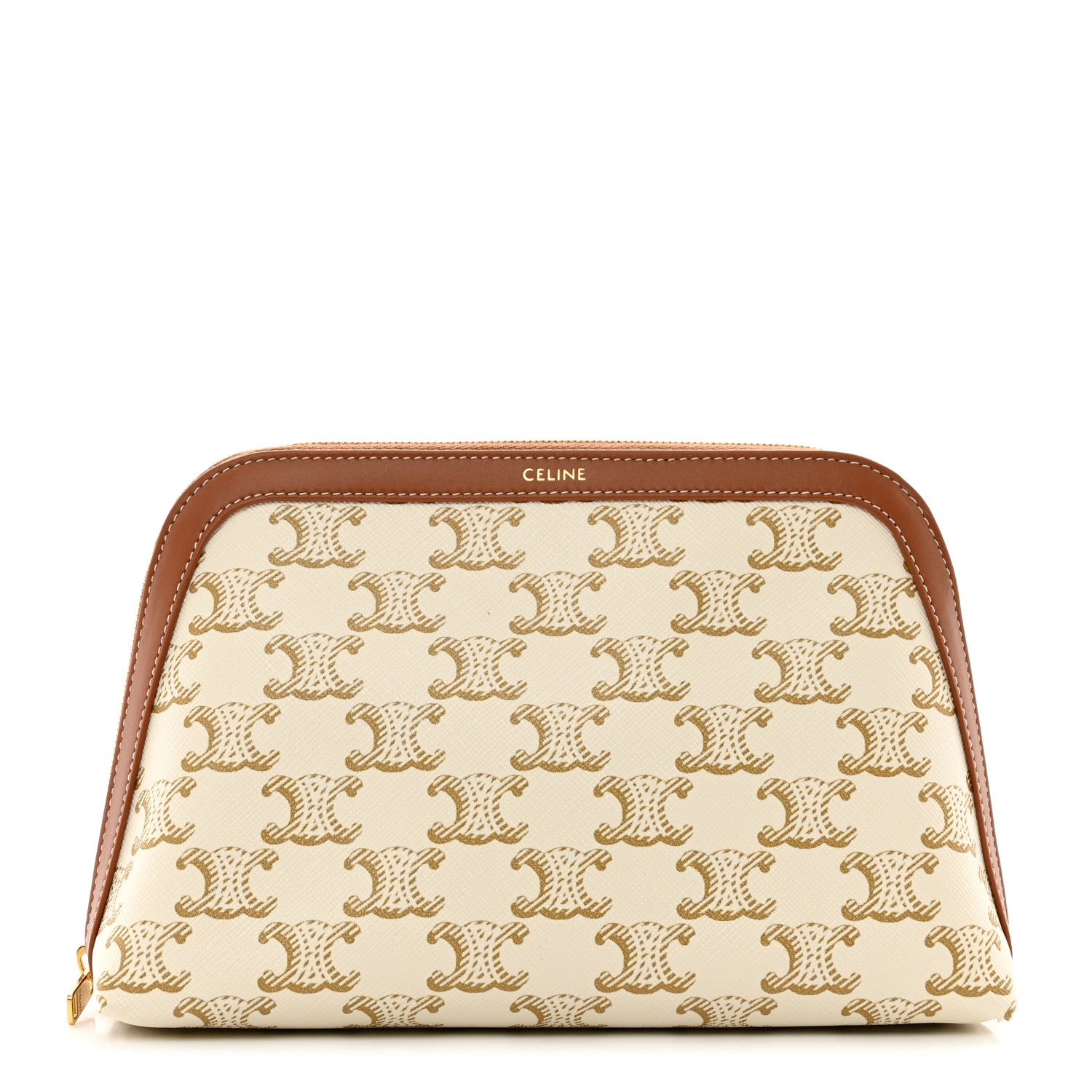 Celine Triomphe Canvas Calfskin Medium Cosmetic Pouch White Tan 1 of 6
