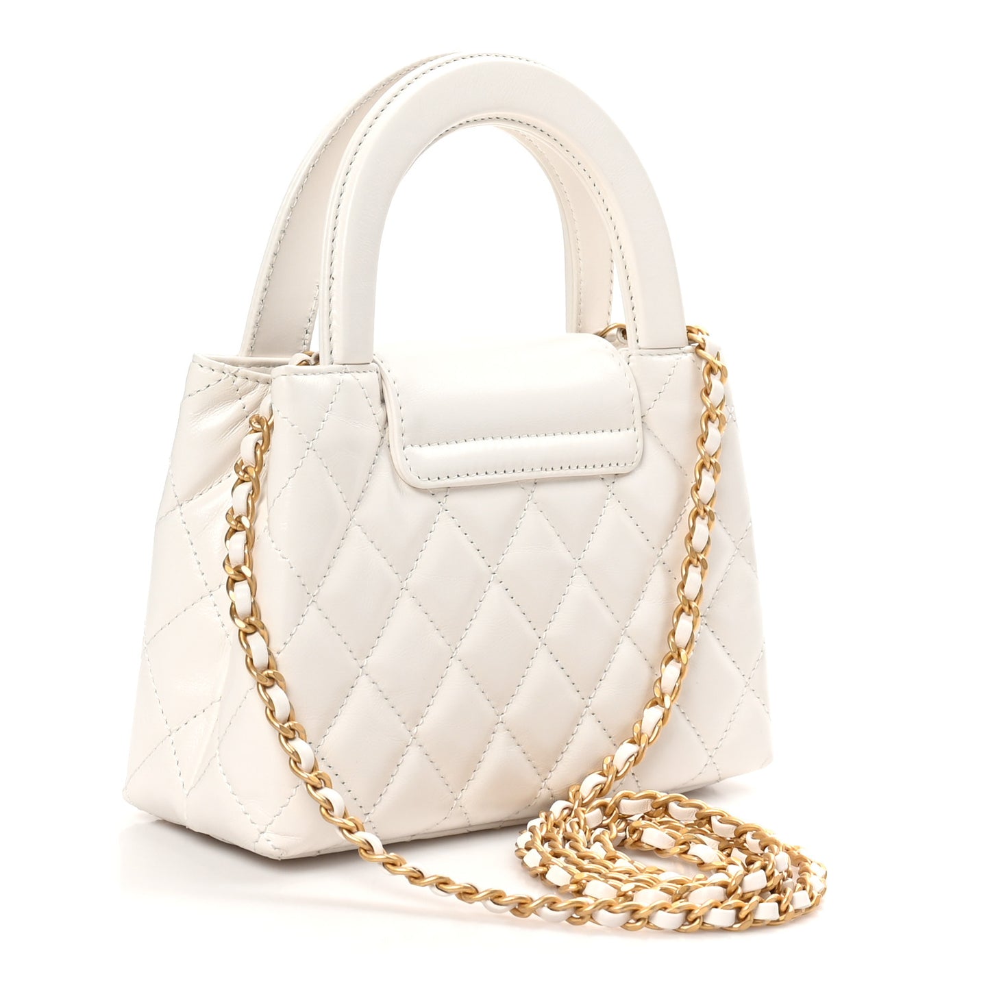 Shiny Aged Calfskin Quilted Nano Kelly Shopper White