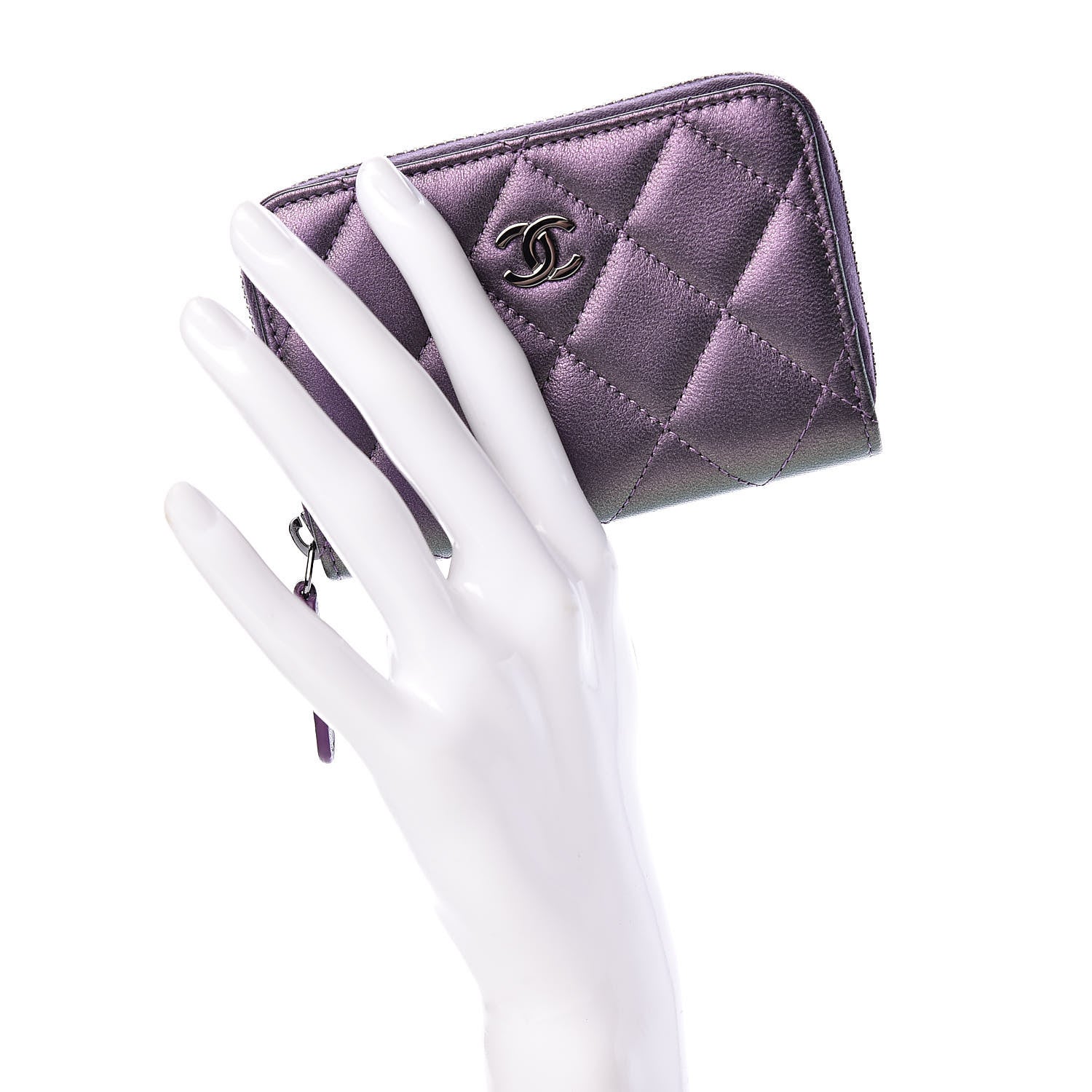 Chanel Metallic Lambskin Quilted Zip Around Coin Purse Wallet Dark Purple 2 of 8