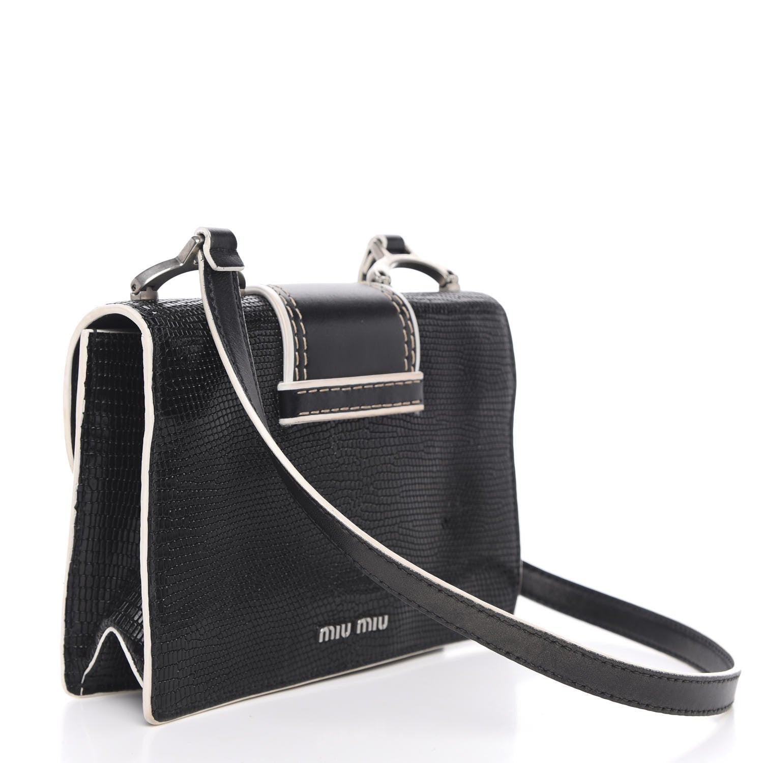 Miu Miu Embossed Lizard Calfskin Crystal Embellished Saint Lucertola Shoulder Bag Black 4 of 14