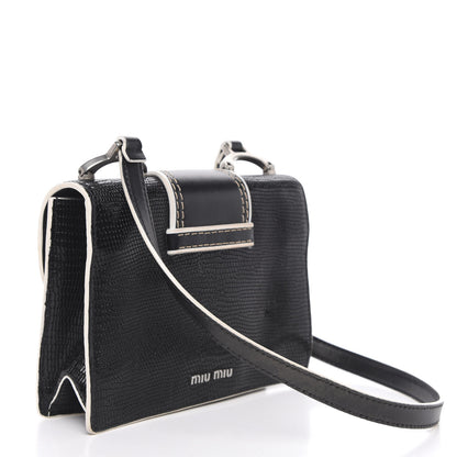 Miu Miu Embossed Lizard Calfskin Crystal Embellished Saint Lucertola Shoulder Bag Black 4 of 14