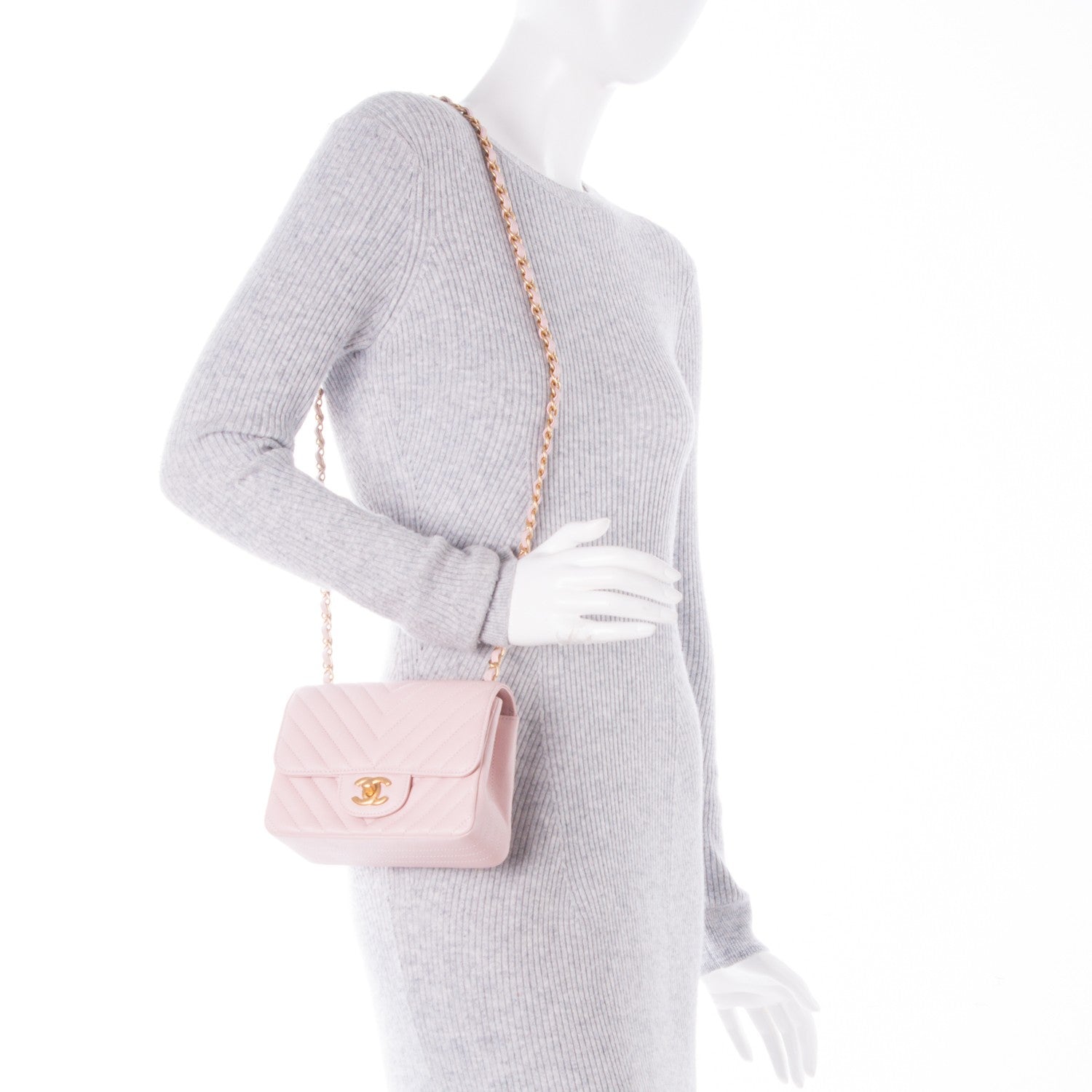 Chanel Calfskin Chevron Quilted Mini Square Flap Light Pink 2 of 7