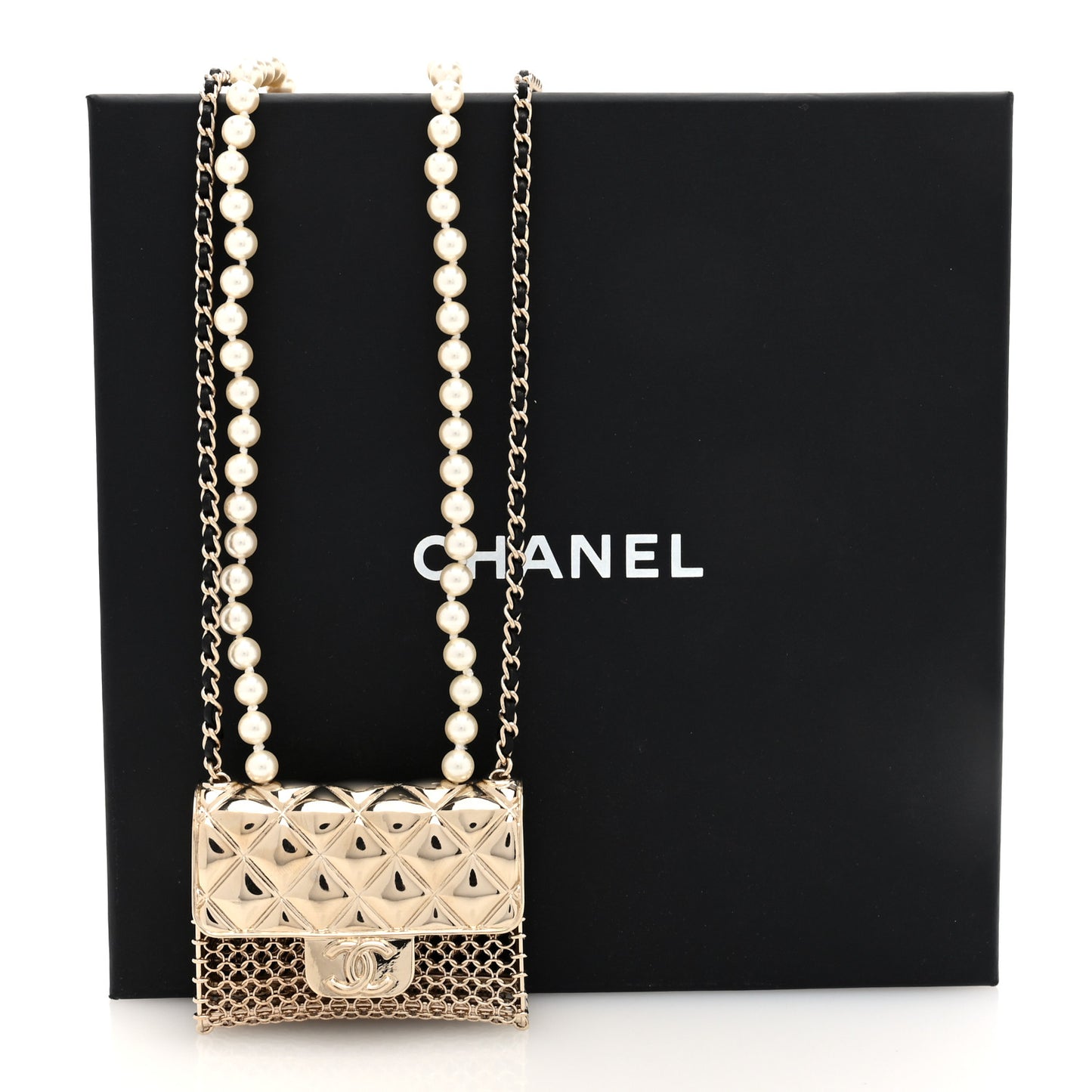 Metal Lambskin Pearl Chain Flap Bag Long Necklace Gold Black Pearly White