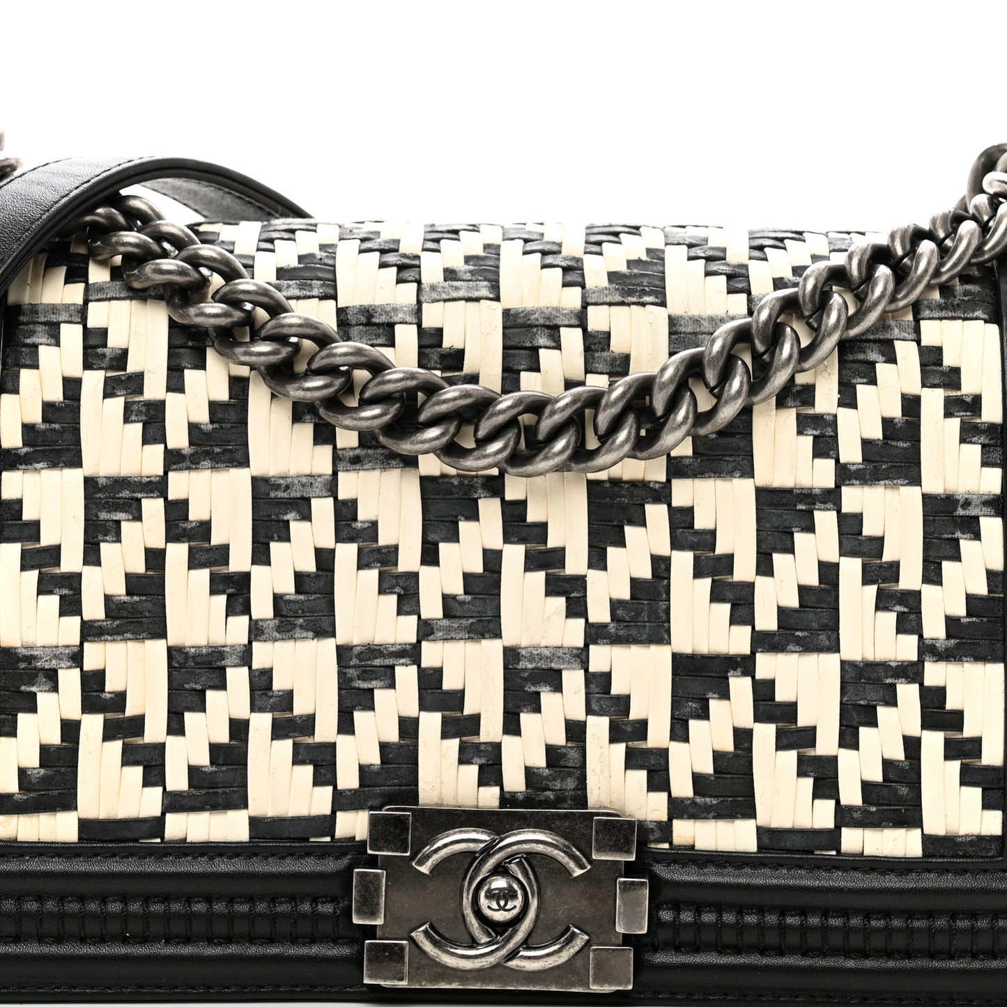 Calfskin Woven Medium Boy Flap Black White