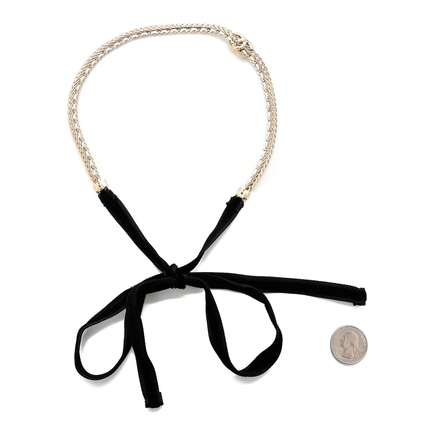 Metal Lambskin Crystal CC Chain Tie Headband Gold White