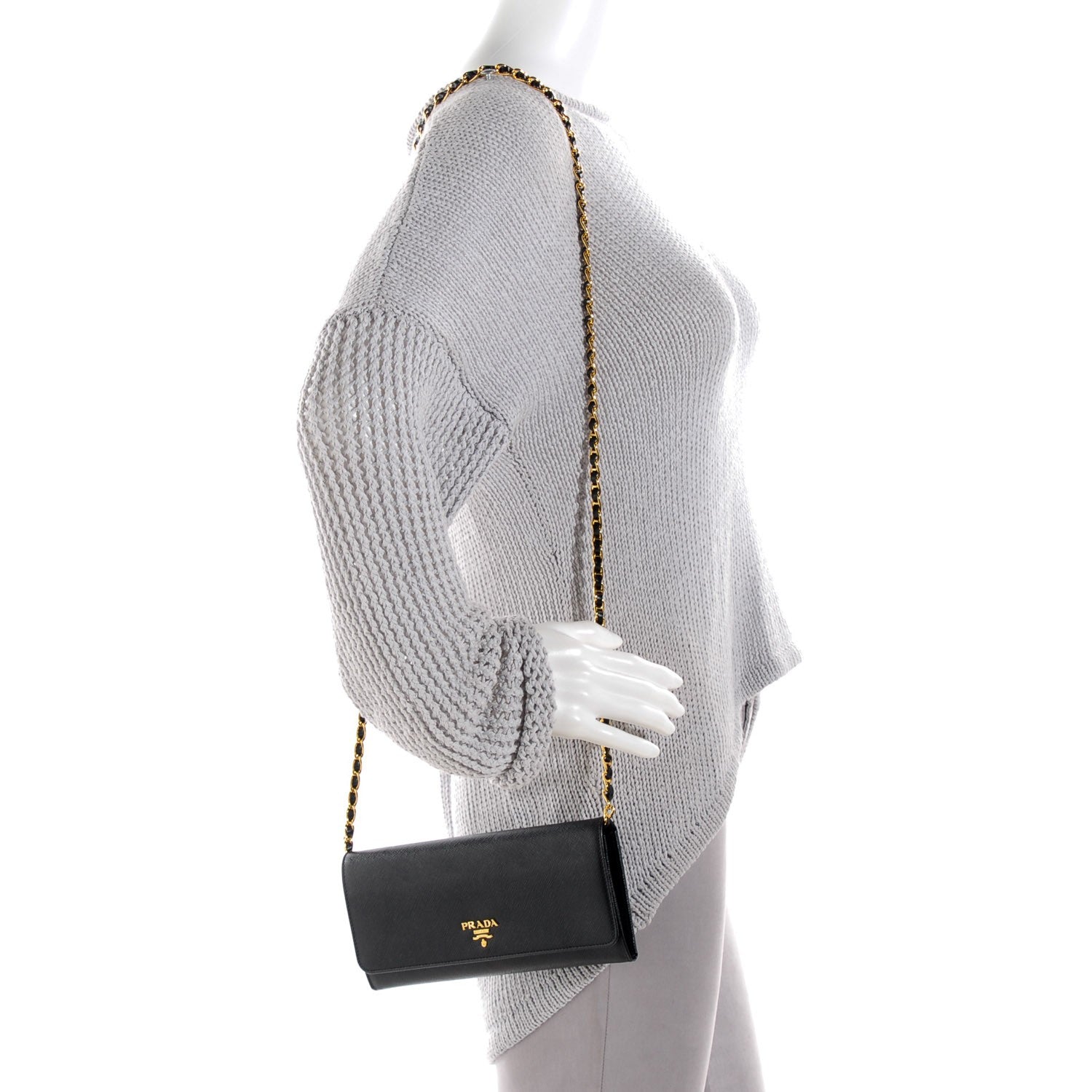 Prada Saffiano Metal Oro Chain Wallet Nero Black 2 of 8