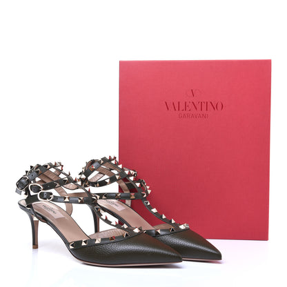 Valentino Garavani Pebbled Calfskin Rockstud Ankle Strap 65mm Pumps 41 Olive Green 11 of 11