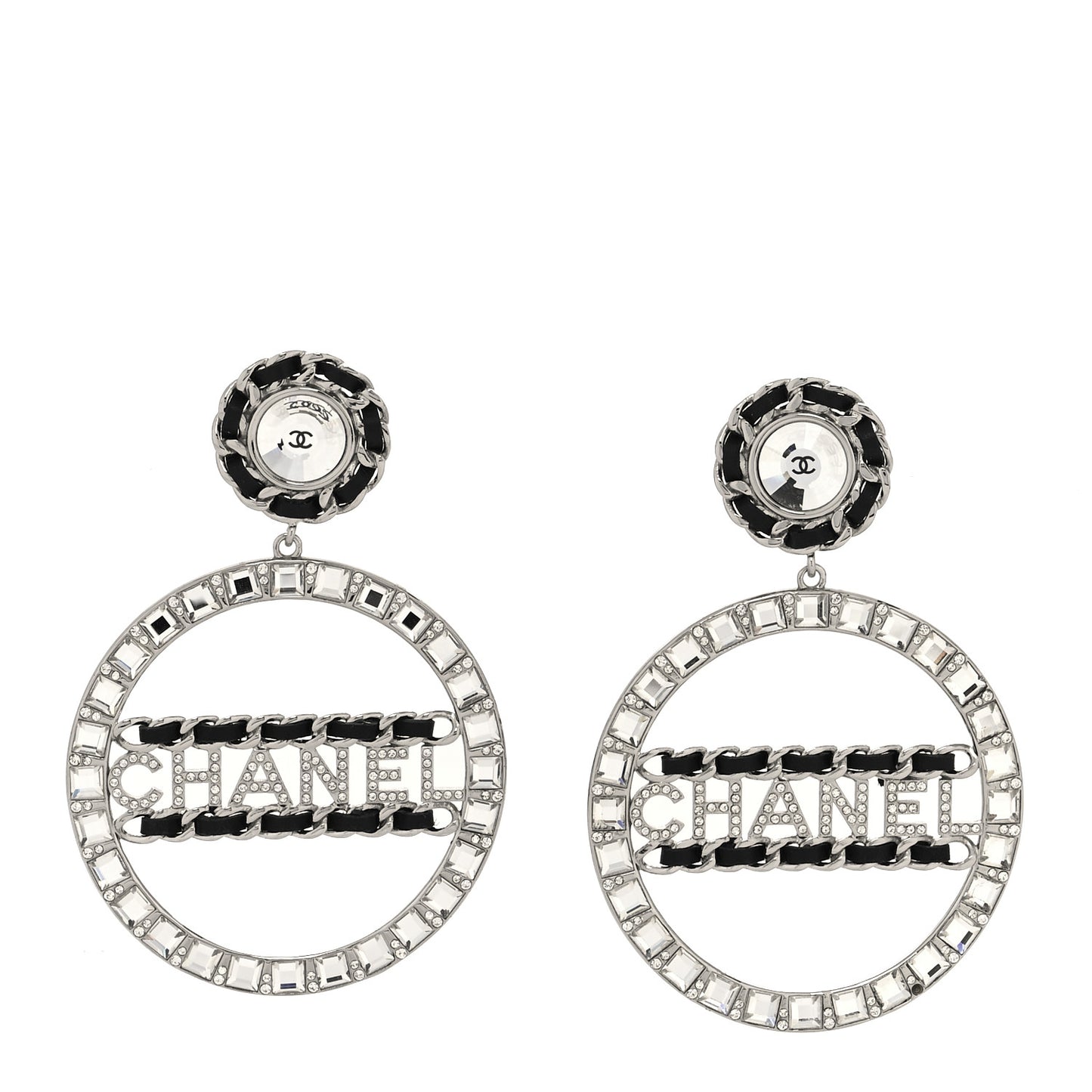 Crystal Lambskin Chain CC Hoop Clip On Earrings Black Silver