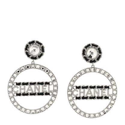 Chanel Crystal Lambskin Chain CC Hoop Clip On Earrings Black Silver 1 of 4