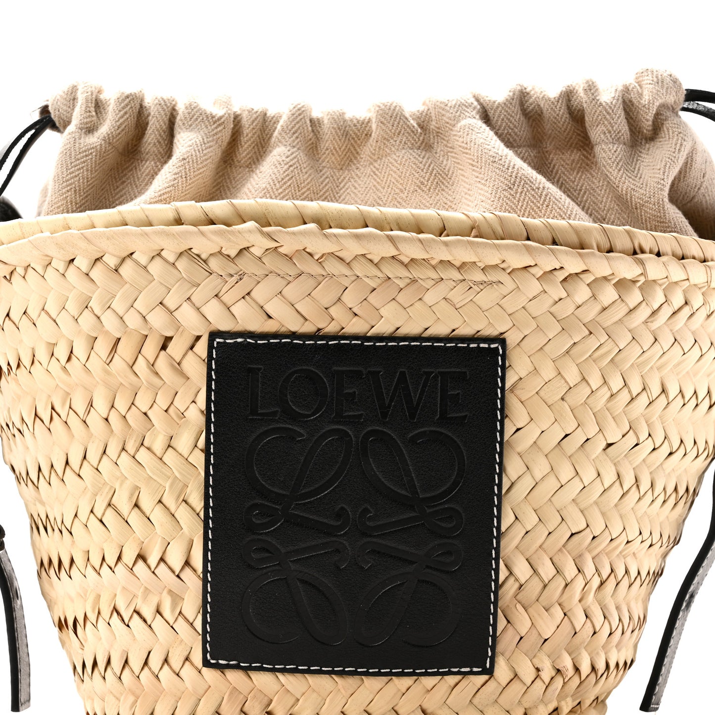 Leaf Palm Calfskin Drawstring Bucket Bag Natural Black