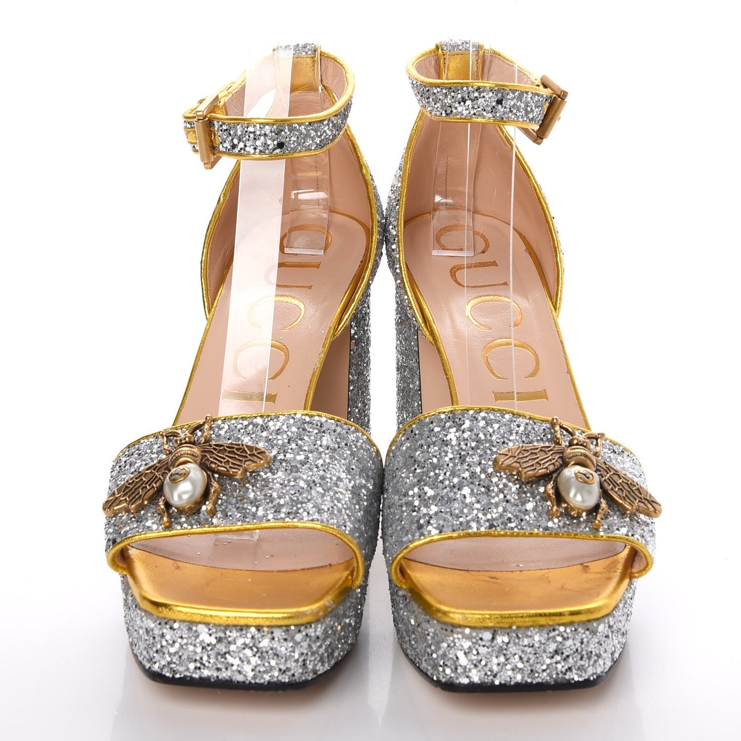 Glitter Soko Bee Platform Mid Heel Sandals 38.5 Argento Oro Vecchio