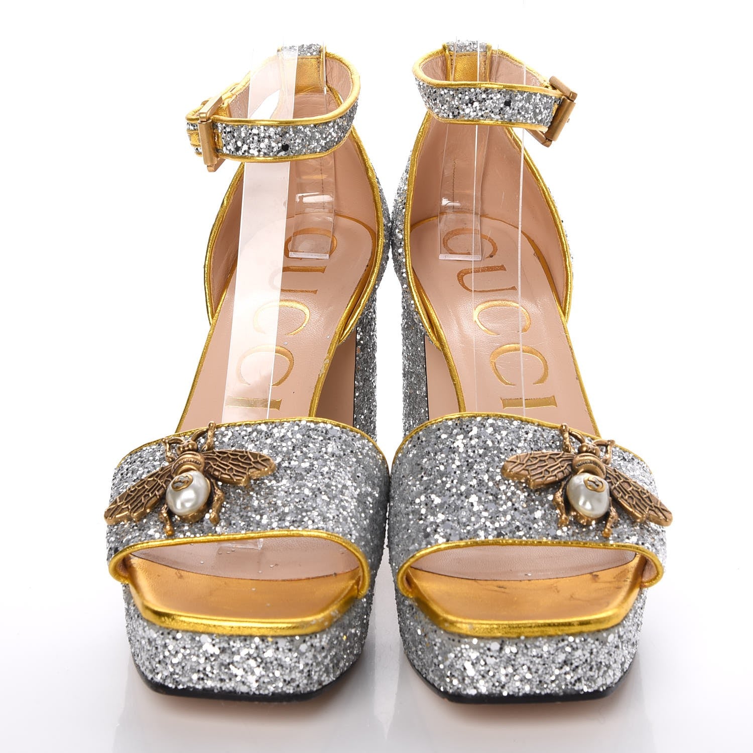 Gucci Glitter Soko Bee Platform Mid Heel Sandals 38.5 Argento Oro Vecchio 2 of 10
