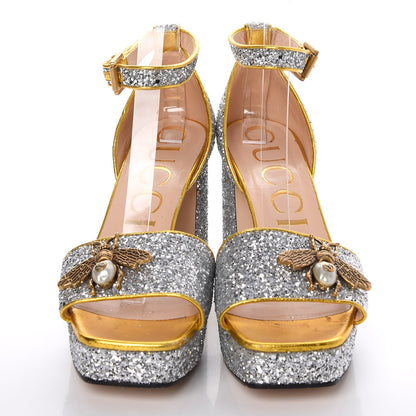 Gucci Glitter Soko Bee Platform Mid Heel Sandals 38.5 Argento Oro Vecchio 2 of 10