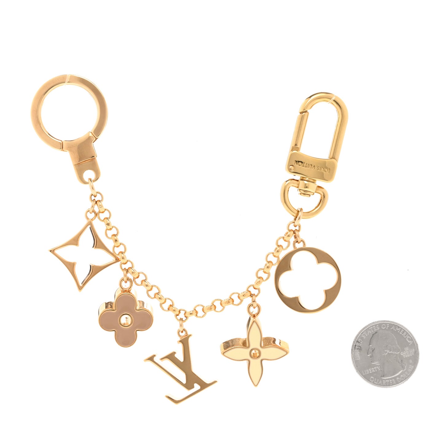 Brass Enamel Fleur De Monogram Bag Charm Chain Gold