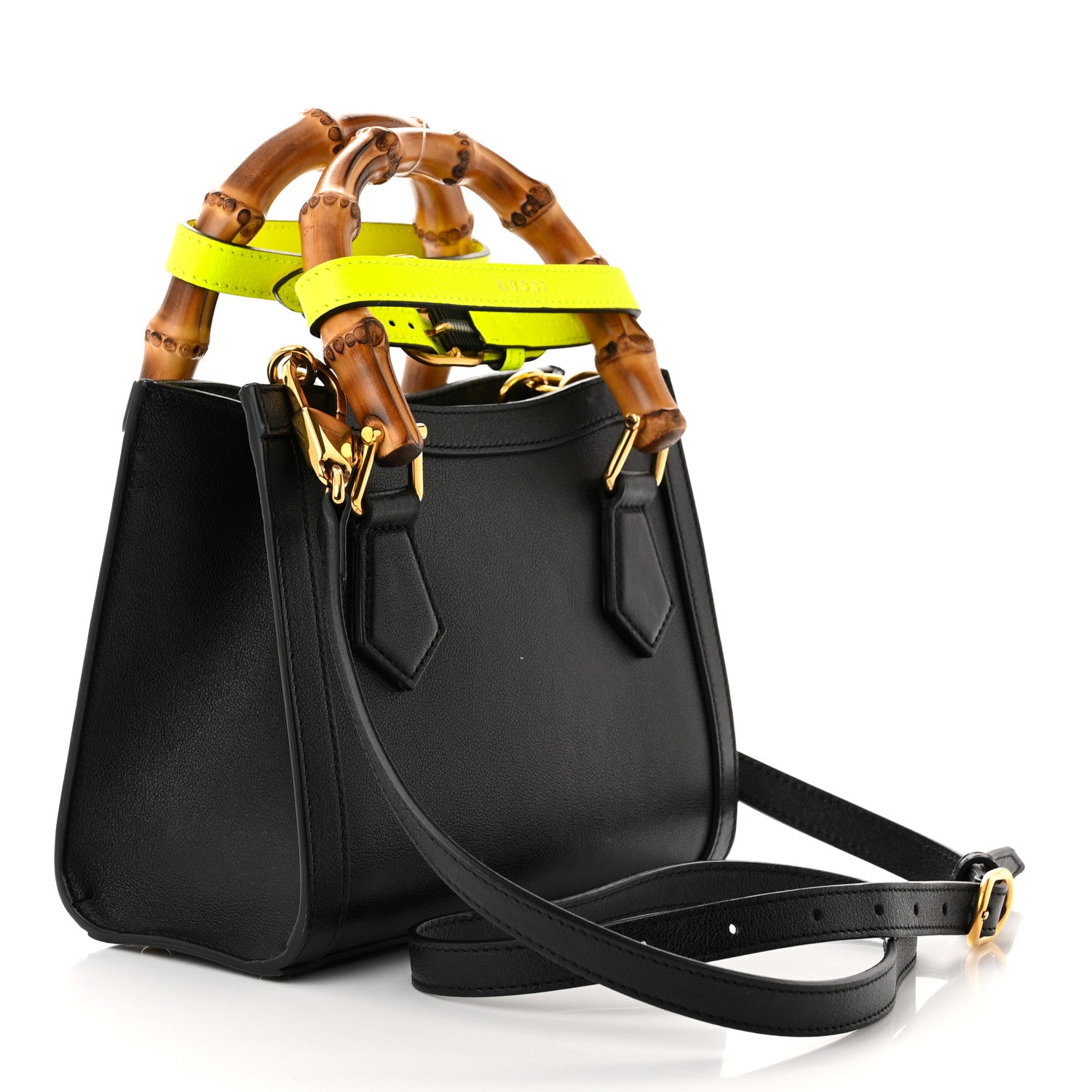 Gucci Wonka Grain Calfskin Mini Diana Tote Bag Black Yellow Fluo 3 of 13