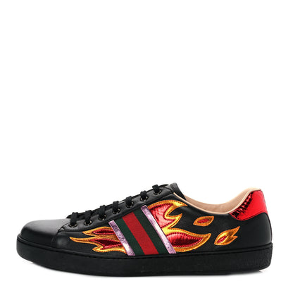 Gucci Calfskin Ayers Web Flames Embroidered Mens Ace Sneakers 11.5 Black 1 of 10