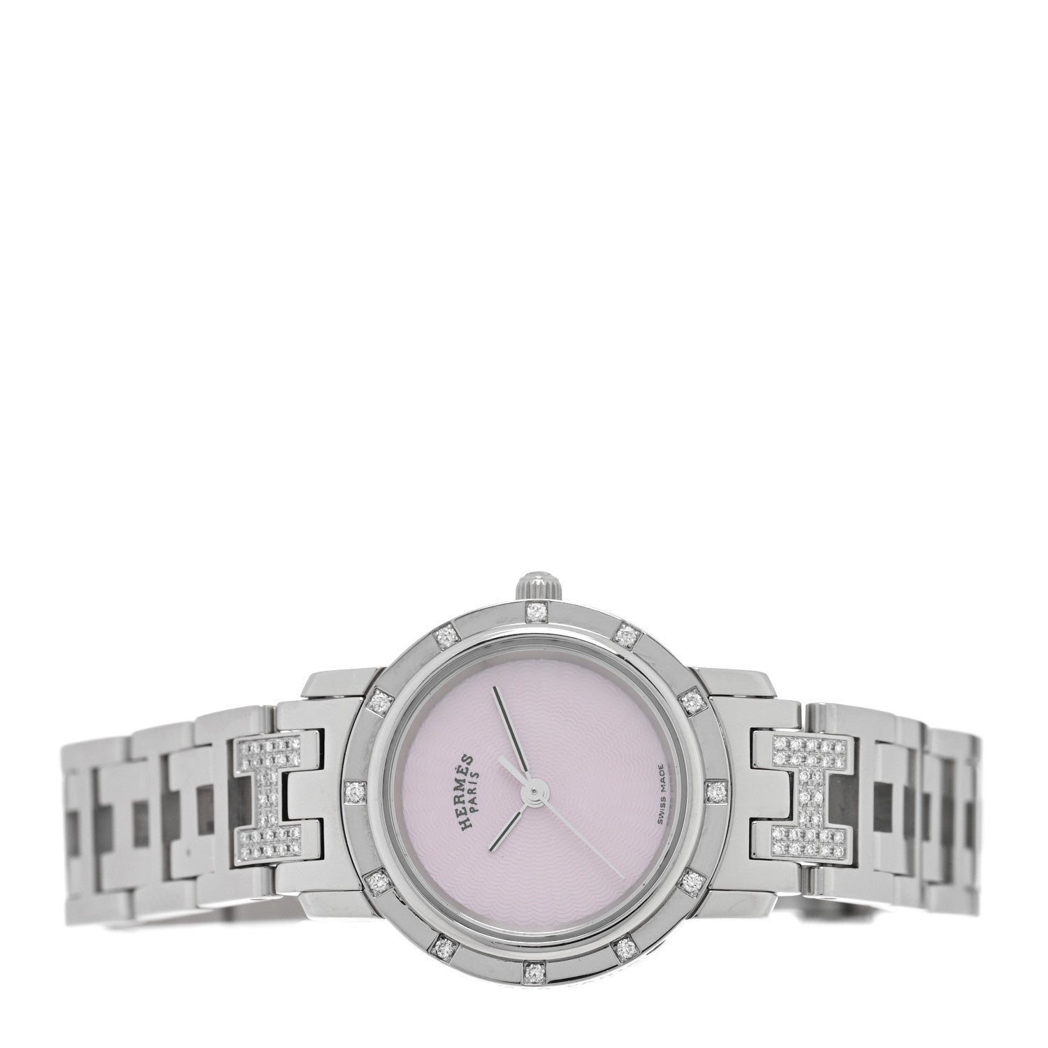Hermes Stainless Steel Diamond Pink Mother of Pearl 24mm Clipper Nacre Quartz Watch 2 of 4