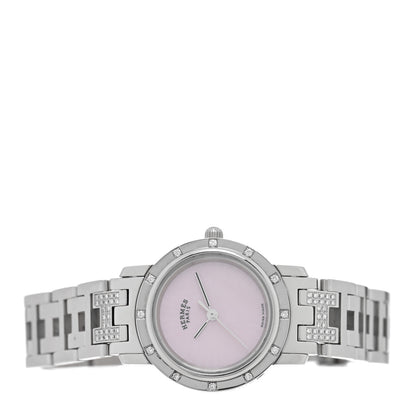 Hermes Stainless Steel Diamond Pink Mother of Pearl 24mm Clipper Nacre Quartz Watch 2 of 4