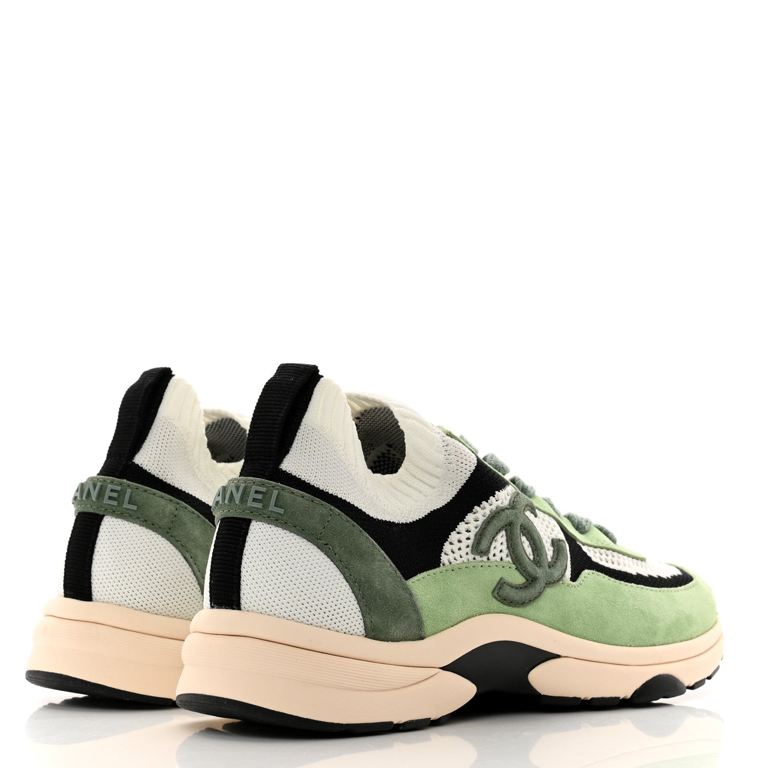 Chanel Knit Suede Fabric Womens CC Sneakers Green Dark 38.5 Green Dark Green White Black 4 of 7