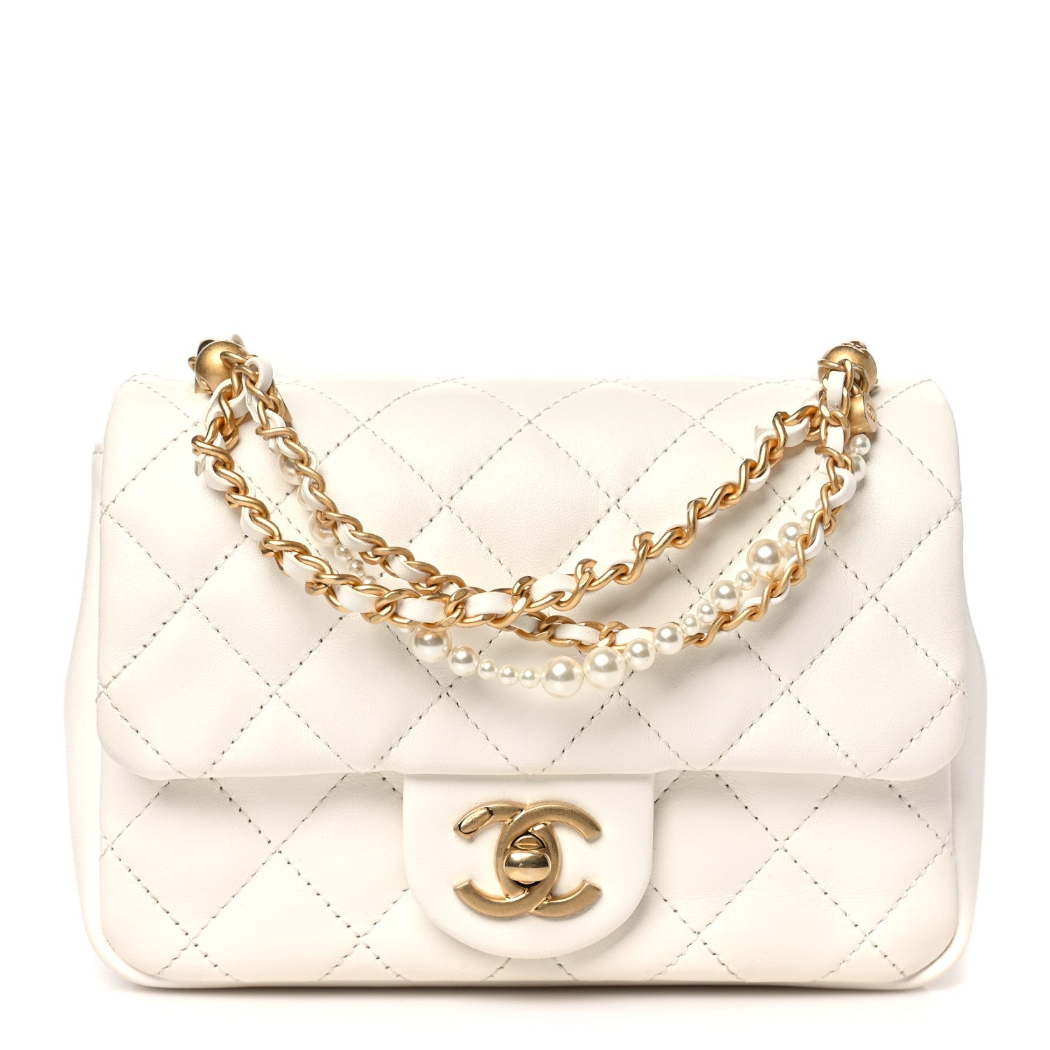 Chanel Shiny Lambskin Quilted Pearl Twist Mini Square Flap White