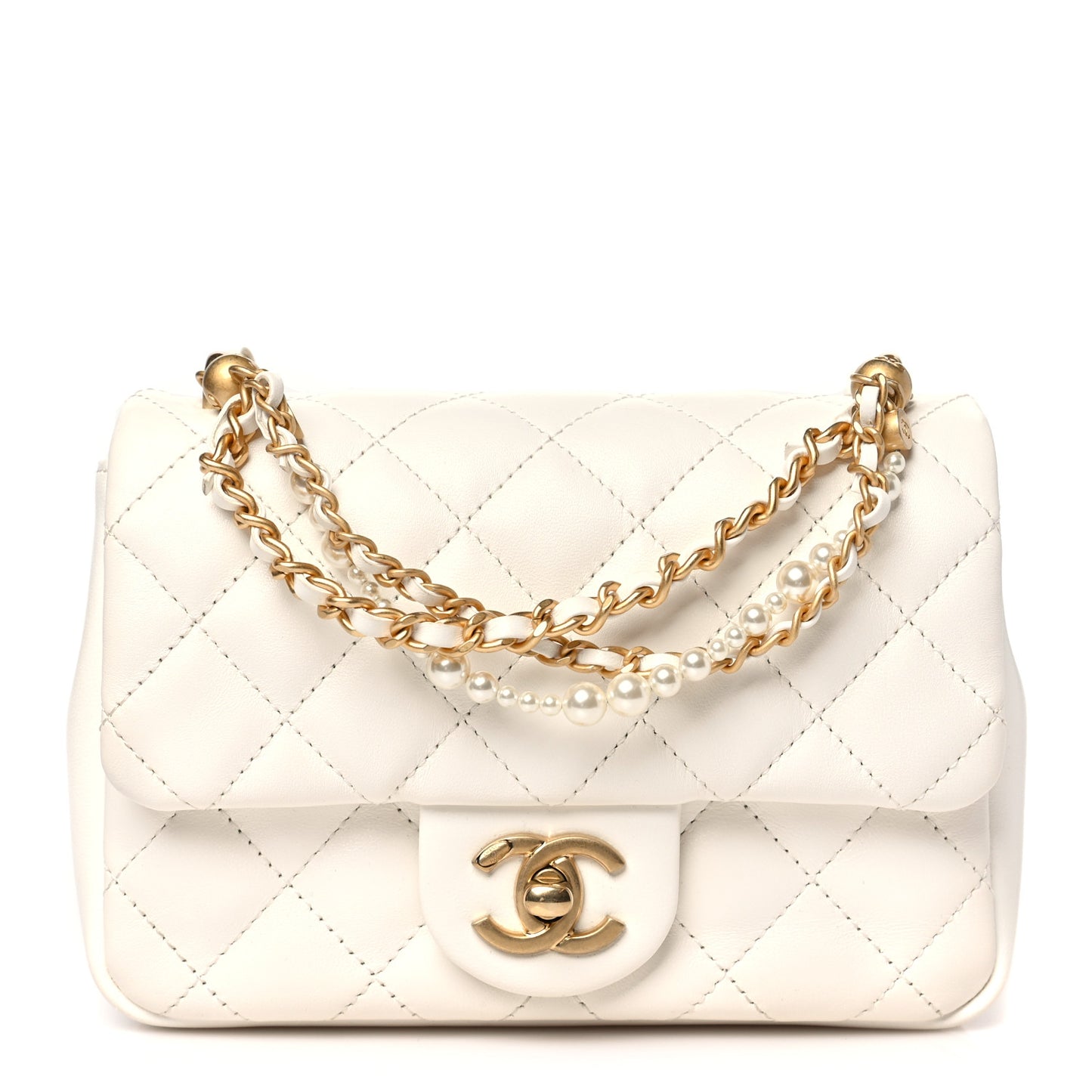 Shiny Lambskin Quilted Pearl Twist Mini Square Flap White