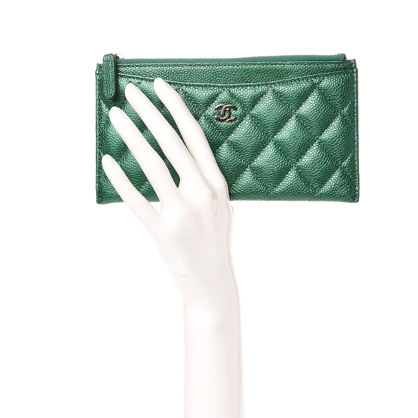 Metallic Caviar Quilted Classic Zip Pouch Green