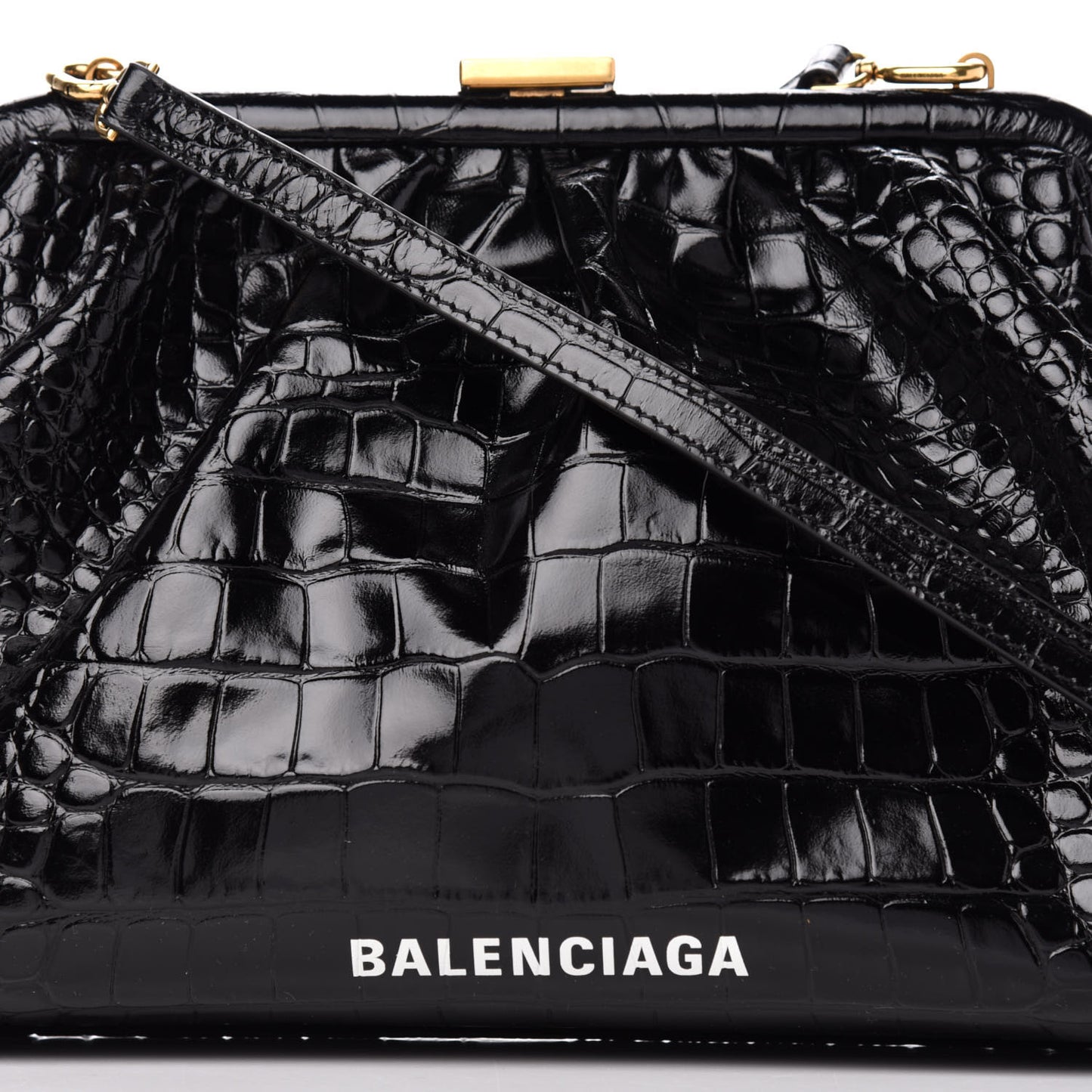 Shiny Supple Calfskin Logo Crocodile Embossed Cloud Crossbody Bag Black White