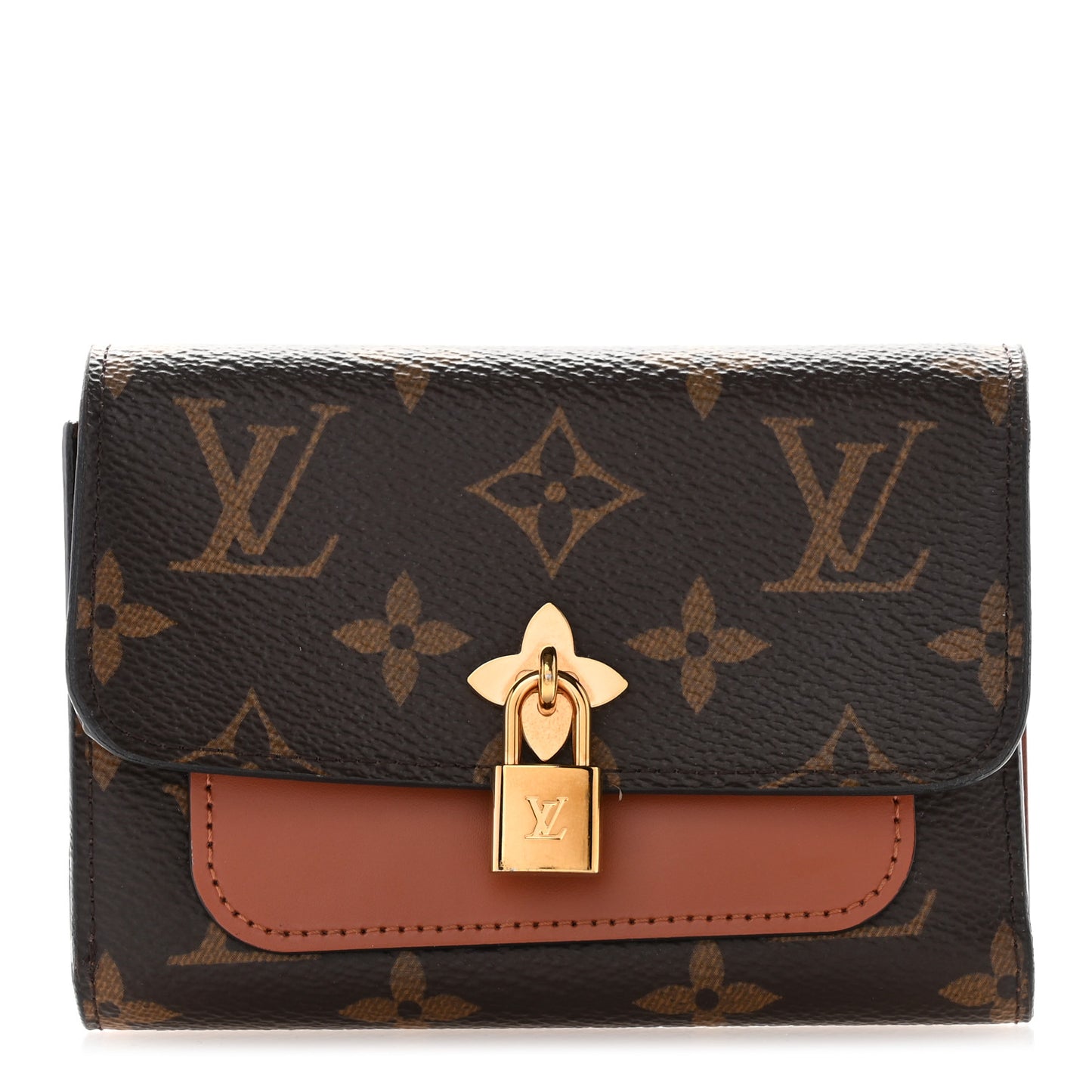 Monogram Flower Lock Compact Wallet Caramel