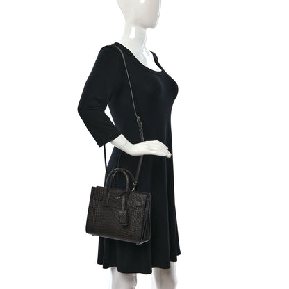 Saint Laurent Calfskin Crocodile Embossed Nano Sac De Jour Dark Brown 2 of 9