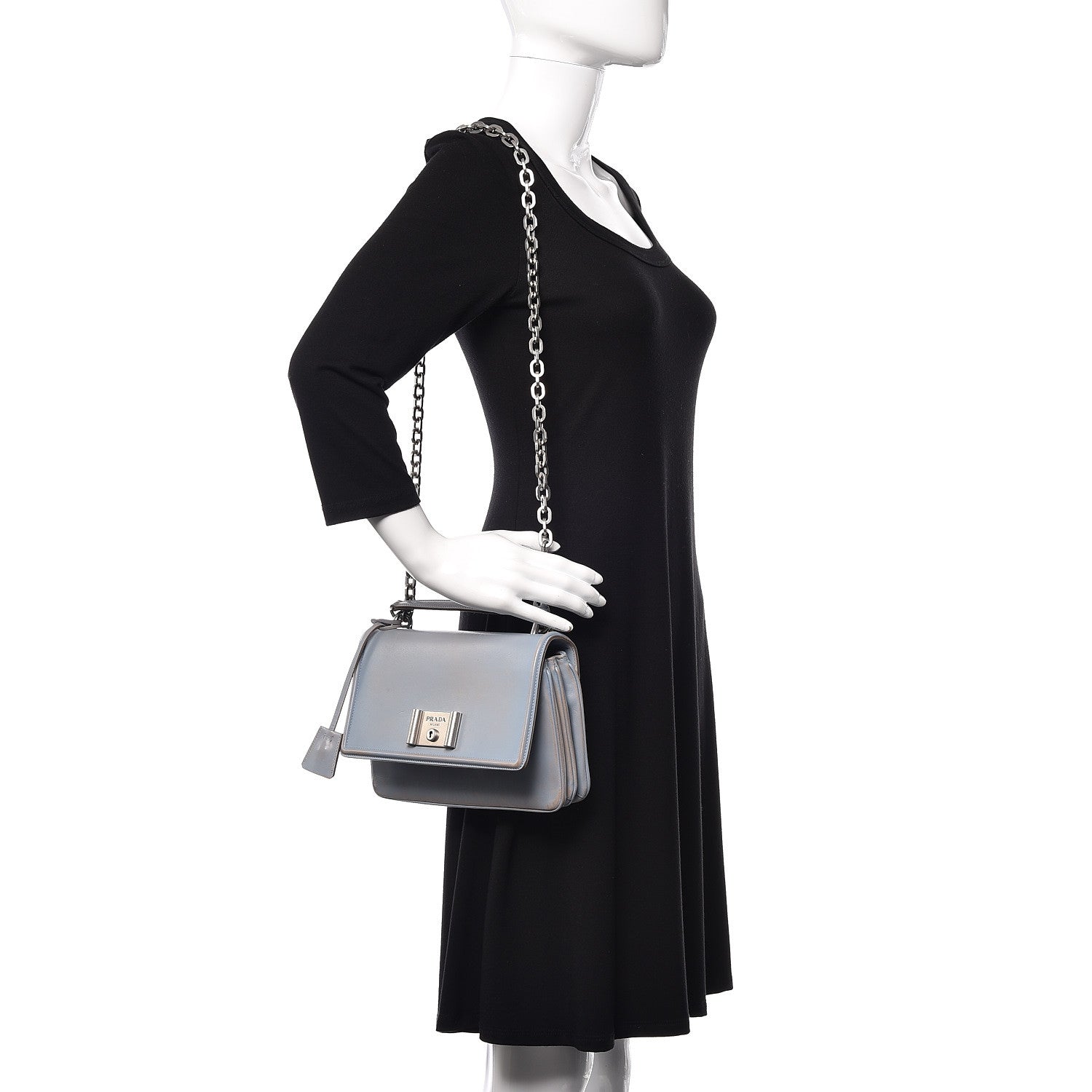 Prada Vitello Vintage Metal Closure Shoulder Bag Light Blue 2 of 18