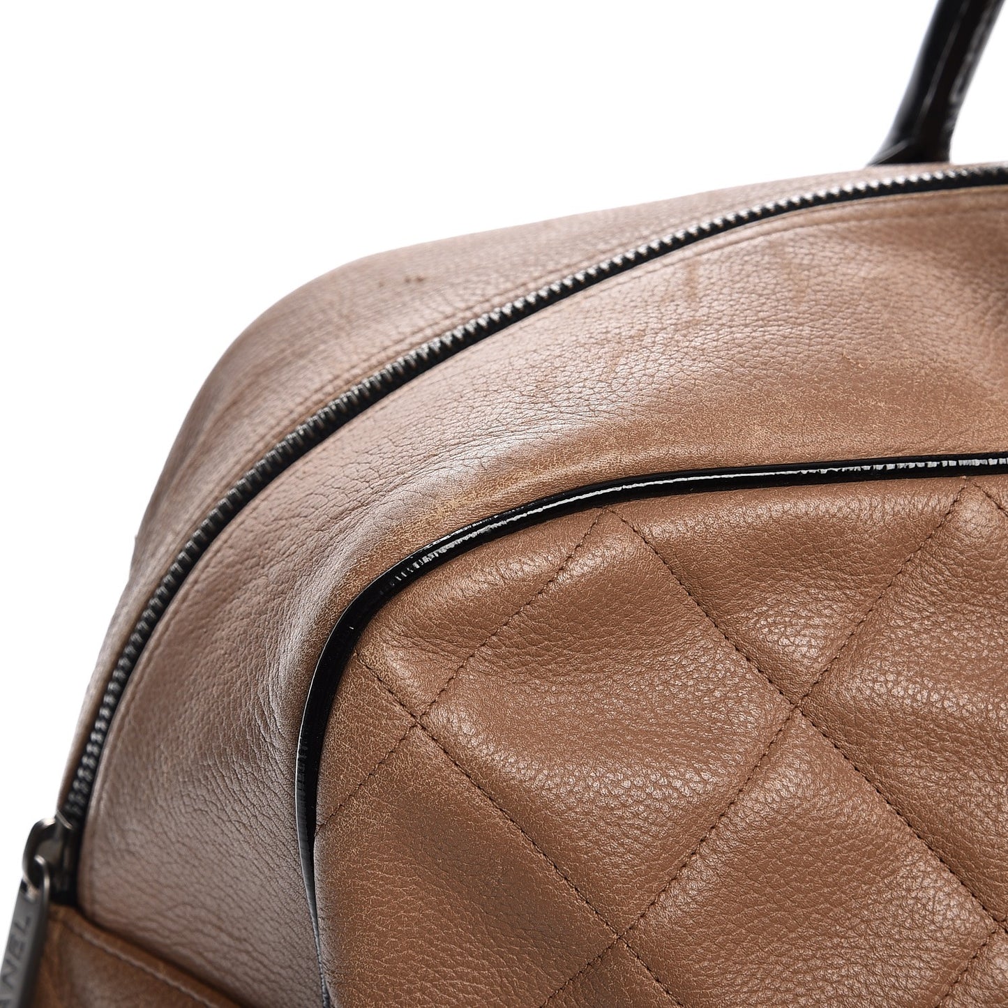 Caviar Patent Quilted Large Bowler Bag Beige Black