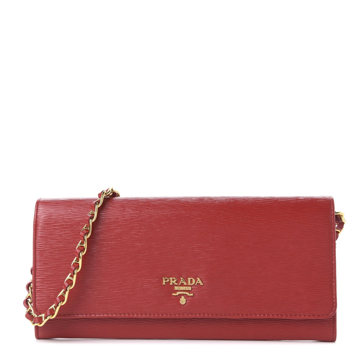 Prada Saffiano Metal Oro Chain Wallet Fuoco 1 of 8