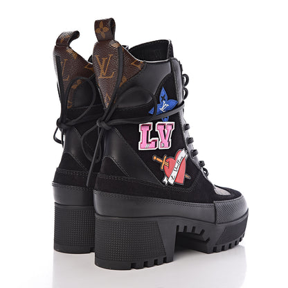 Louis Vuitton Suede Calfskin Monogram LV Black Heart Laureate Platform Desert Boots 37 Black 4 of 9